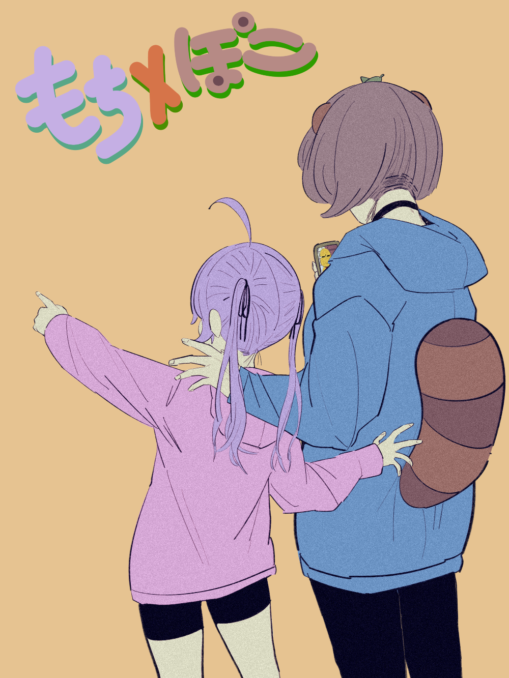 2girls, ahoge, animal_ears, arm_around_shoulder, black_choker, black_pants, black_ribbon, black_shorts, blue_hoodie, brown_hair, cellphone, cellphone_photo, choker, facing_away, from_behind, funwapopoyo, hair_ribbon, hand_on_another's_back, highres, holding, holding_phone, hood, hood_down, hoodie, leaf, leaf_on_head, long_hair, long_sleeves, mochi_hiyoko, mochipro, mode_aim, multiple_girls, orange_background, pants, peanuts-kun, phone, pink_hoodie, pointing, pointing_forward, ponpoko_(vtuber), purple_hair, raccoon_ears, raccoon_girl, raccoon_tail, ribbon, short_hair, shorts, side-by-side, simple_background, smartphone, tail, translation_request, virtual_youtuber