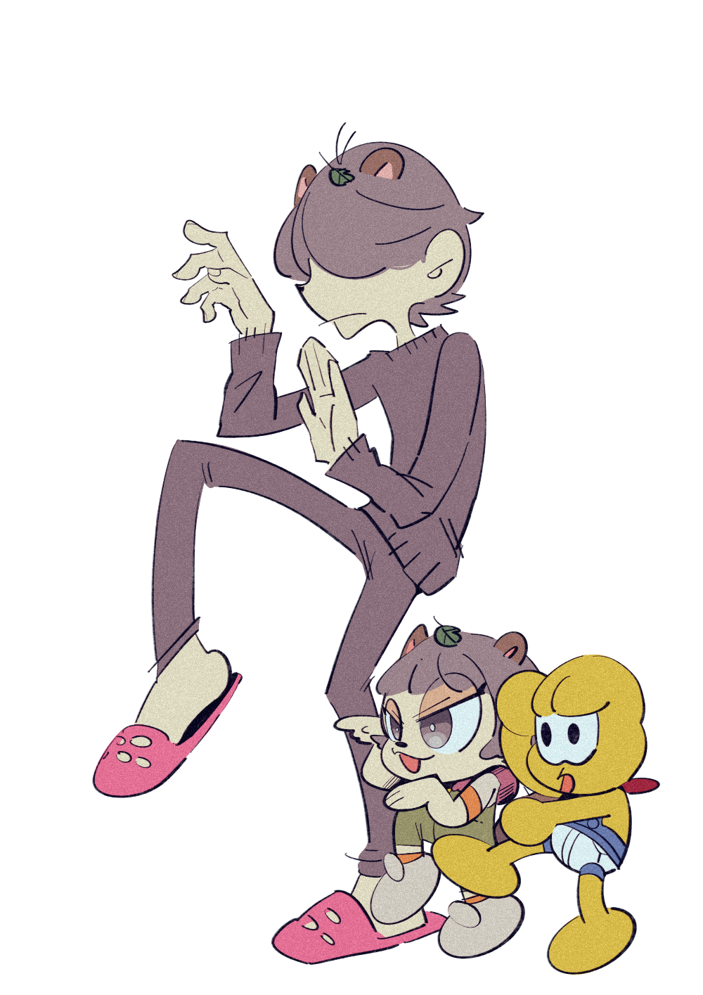 1girl, 2boys, :3, animal_ears, animal_nose, anipoko, bald, barefoot