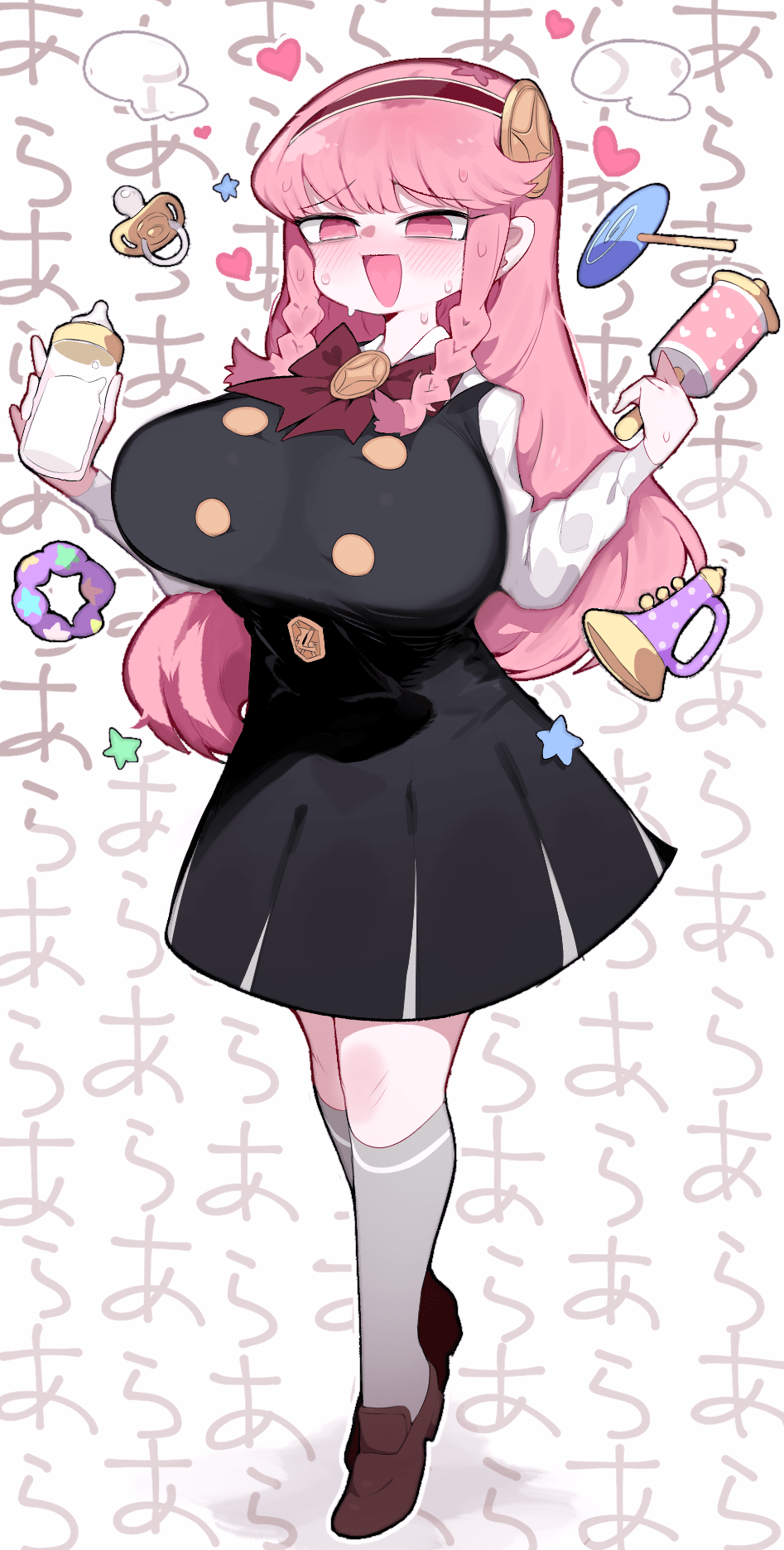 1girl, :d, baby_bottle, bottle, braid, breasts, candy, food, hairband, highres, huge_breasts, kirara_mami, lollipop, long_hair, mato_tsuyoi, pacifier, pink_hair, puniru_wa_kawaii_slime, rattle, school_uniform, smile, swept_bangs, toy, twin_braids