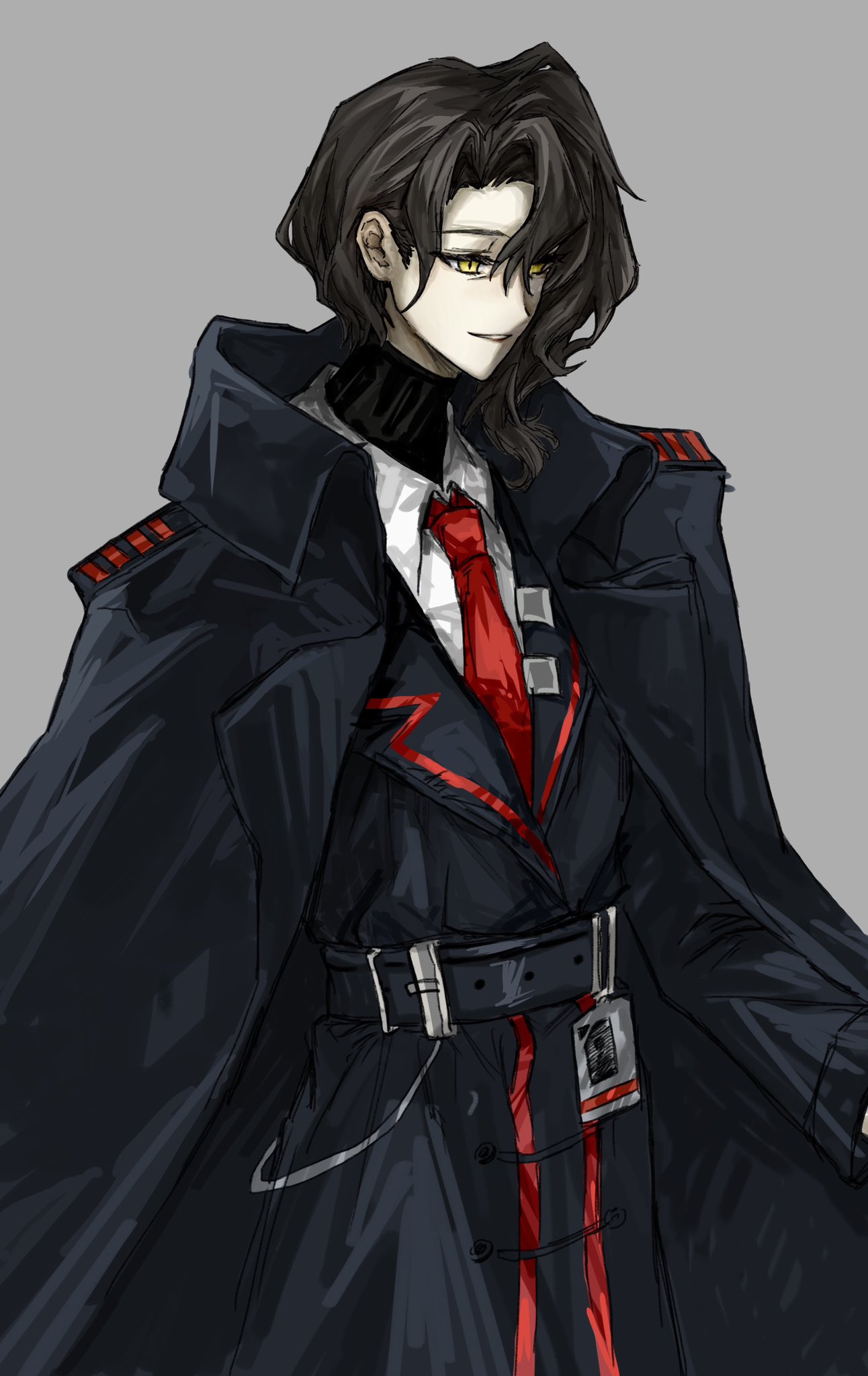 1girl, ashi_(dongshi389), belt, black_belt, black_coat, black_jacket, black_shirt, brown_hair, coat, coat_on_shoulders, collared_shirt, commentary, grey_background, hair_intakes, hermann_(project_moon), highres, id_card, jacket, lapels, limbus_company, long_sleeves, mature_female, medium_hair, necktie, notched_lapels, parted_lips, project_moon, red_necktie, shirt, simple_background, solo, standing, turtleneck, turtleneck_shirt, white_shirt, wing_collar, yellow_eyes