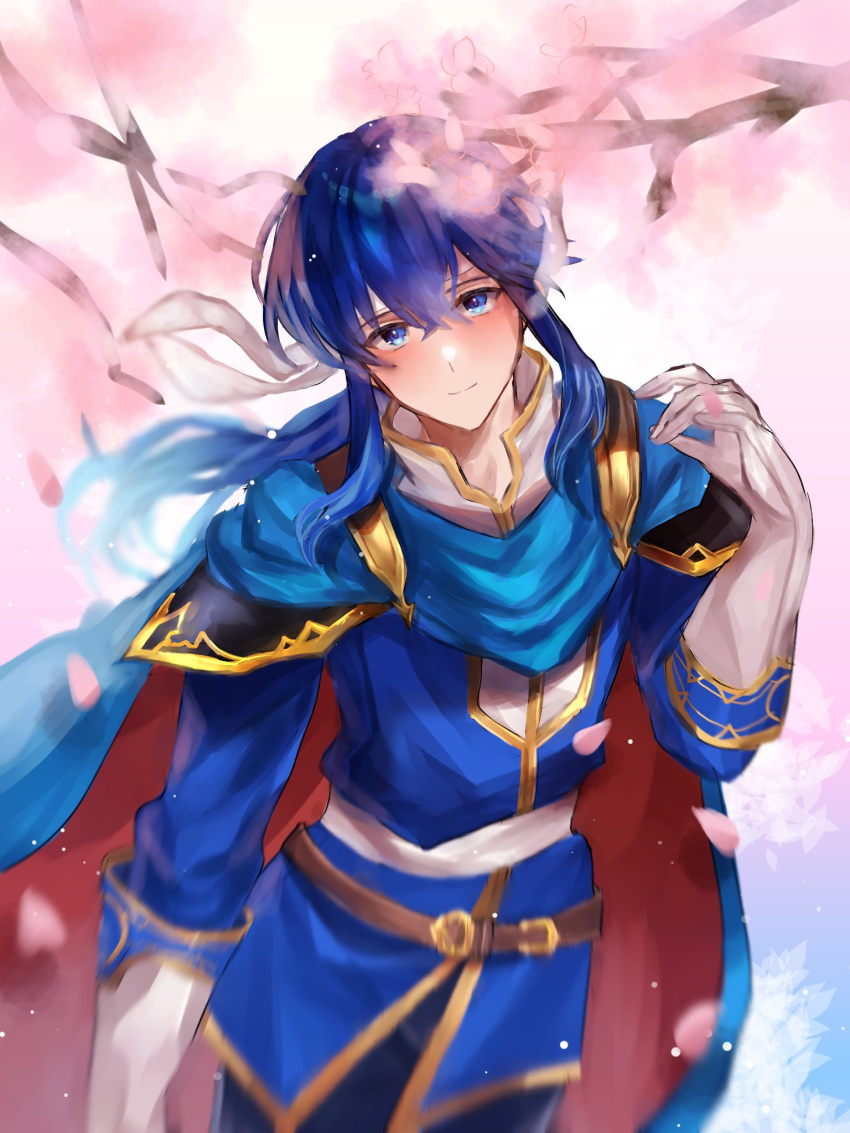 1boy, blue_cape, blue_eyes, blue_hair, blush, cape, cherry_blossoms, closed_mouth, commentary, falling_petals, fire_emblem, fire_emblem:_genealogy_of_the_holy_war, gloves, gold_trim, highres, long_hair, looking_at_viewer, male_focus, petals, red_cape, seliph_(fire_emblem), smile, solo, symbol-only_commentary, tnomenko, two-sided_cape, two-sided_fabric, two-tone_cape, white_gloves