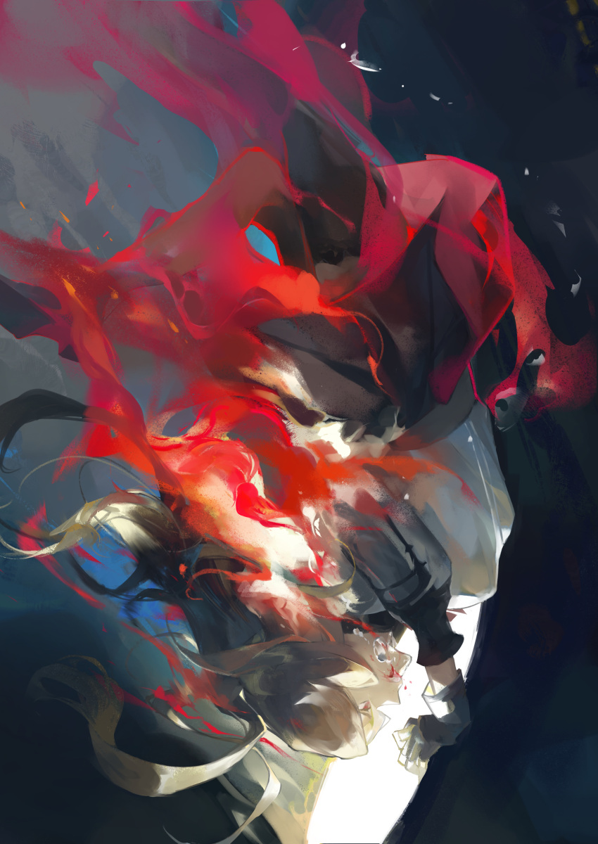 1girl, absurdres, akmtakira, black_background, black_footwear, black_gloves, black_pants, blood, blood_on_face, boots, burning, chinese_commentary, commentary_request, debris, embers, forever_7th_capital, full_body, gloves, highres, jacket, long_sleeves, pants, pointing, pointy_ears, red_eyes, rena_the_champion, solo, upside-down, white_hair, white_jacket, white_sleeves