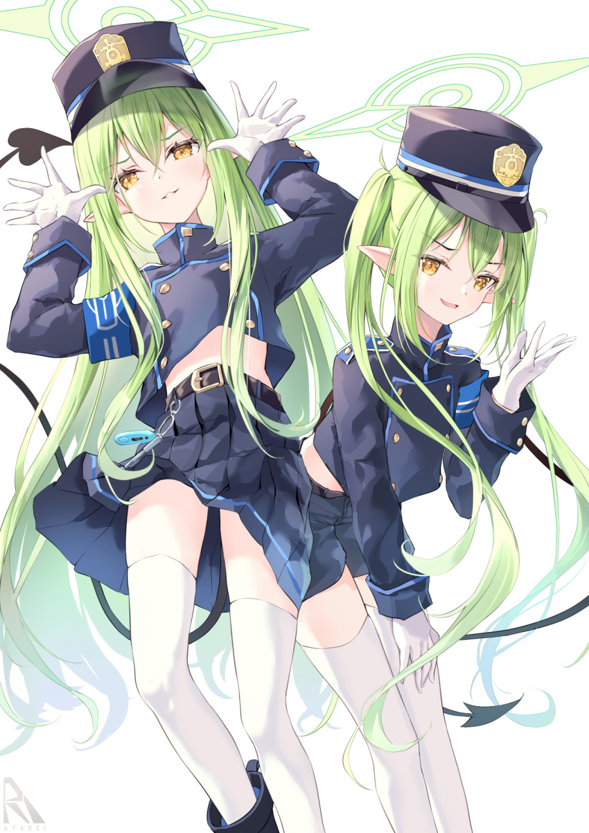 2girls, :d, arino_ayarei, belt, bent_over, black_belt, blue_archive, blue_jacket