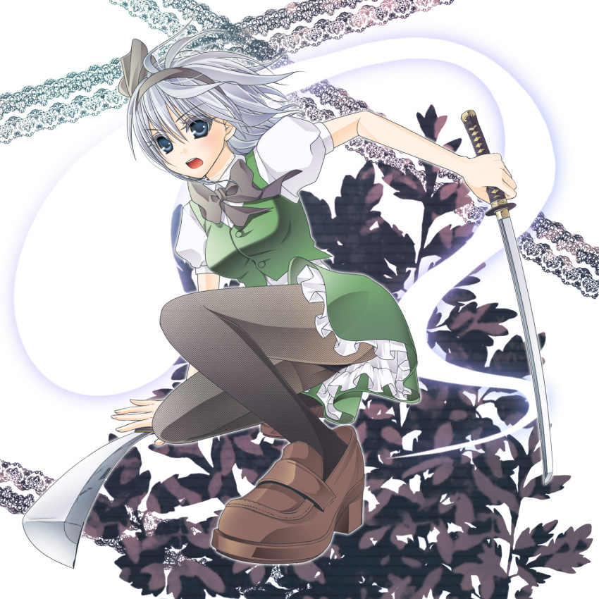 blue_eyes, fishnet_pantyhose, fishnets, ghost, hairband, highres, katana, konpaku_youmu