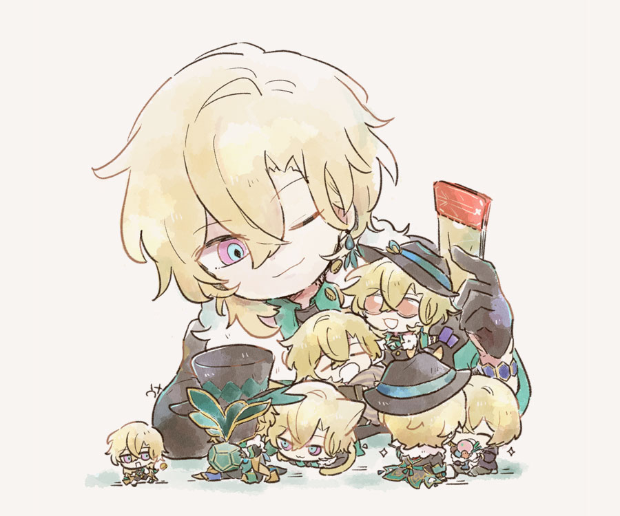 6+boys, aventurine_(honkai:_star_rail), blonde_hair, bracelet, cat_boy, cheesegohanpan, coin, dice, earrings, gloves, hat, holding_ticket, honkai:_star_rail, honkai_(series), jewelry, kakavasha_(honkai:_star_rail), male_focus, mask, mini_person, miniboy, multiple_boys, multiple_persona, pillow, short_hair, sleeping, sunglasses, top_hat, two-tone_eyes