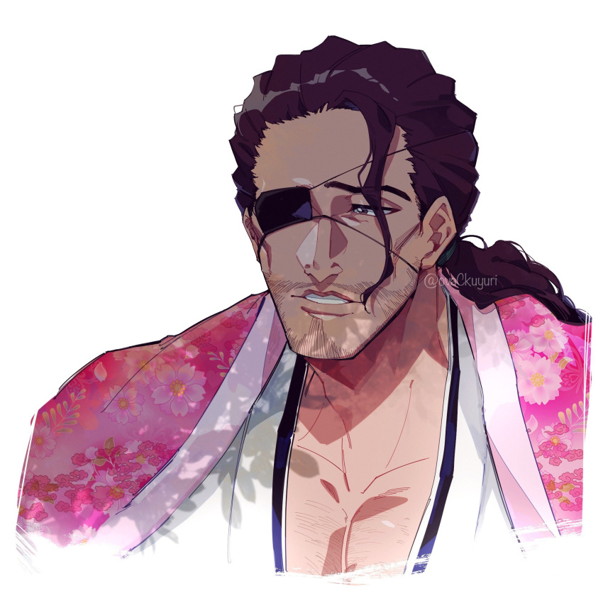 1boy, beard, bleach, bleach:_sennen_kessen-hen, brown_eyes, brown_hair, cherry_blossom_print, close-up, collarbone, commentary_request, cropped_torso, eyepatch, facial_hair, floral_print, hair_between_eyes, highres, japanese_clothes, kimono, kyouraku_shunsui, long_hair, looking_to_the_side, low_ponytail, male_focus, mature_male, nose, one_eye_covered, ovasayuri, parted_lips, pink_kimono, print_kimono, simple_background, single_eyebrow, solo, teeth, twitter_username, white_background, white_kimono