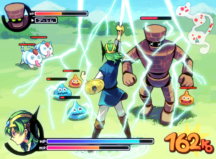 dragon_quest, dragon_quest_iv, ebira, golem, heads-up_display, hero_(dq4), lightning, magic