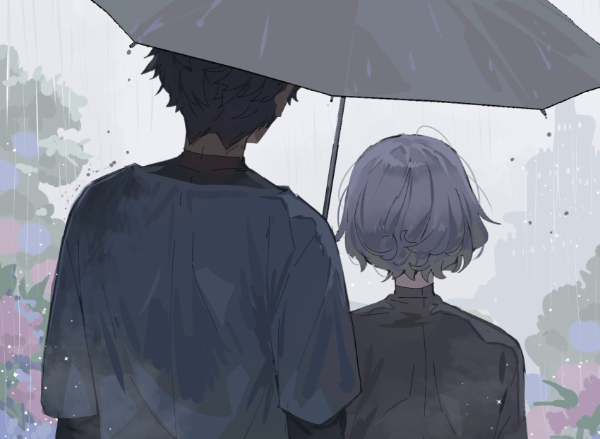 2boys, black_hair, dungeon_meshi, facing_away, flower, from_behind, green_shirt, kabru, layered_sleeves, long_sleeves, male_focus, maratang, mithrun, multiple_boys, muted_color, rain, shared_umbrella, shirt, short_hair, short_over_long_sleeves, short_sleeves, umbrella, white_hair, white_shirt