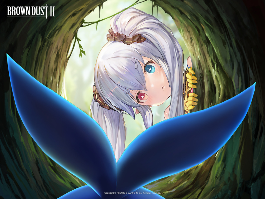 1girl, :<, blue_eyes, brown_dust_2, copyright_name, dress, eyebrows_hidden_by_hair, gloves