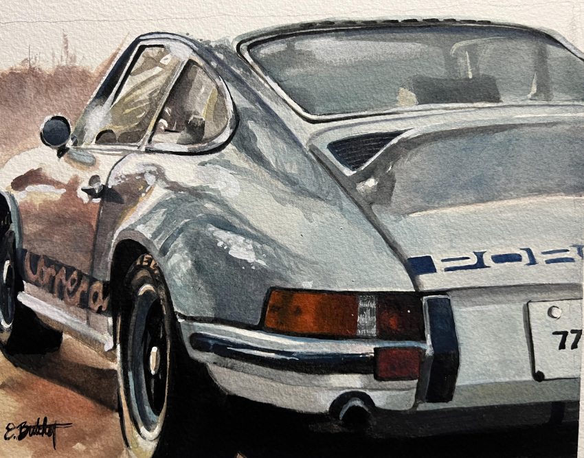 absurdres, bad_id, bad_reddit_id, butcherbirdart, car, english_commentary, from_behind, highres, motor_vehicle, no_humans, original, painting_(medium), porsche, porsche_911, porsche_911_(classic), signature, sports_car, traditional_media, vehicle_focus, white_car