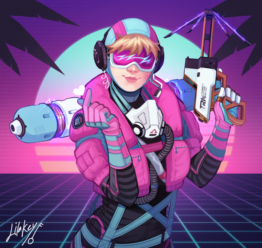 1girl, apex_legends, artist_name, black_bodysuit, blonde_hair, bodysuit, electricity, english_commentary