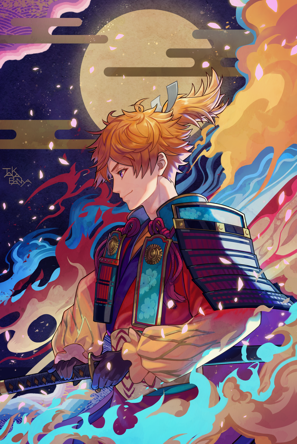 1boy, a3!, armor, artist_name, black_gloves, blue_fire, brown_hair, egasumi