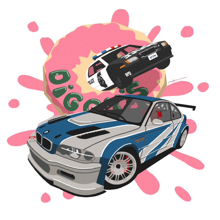 bmw_3_series, bmw_e46, bmw_m3, car, doughnut, food, highres, motor_vehicle, need_for_speed, need_for_speed:_most_wanted_(2005), no_humans, police_car, shadow, signature, spoiler_(automobile), sports_car, vehicle_focus, wang-tang_(_lose_control)