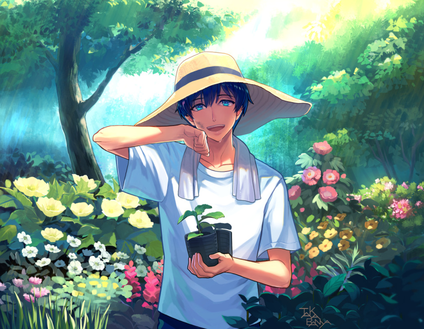 1boy, :d, a3!, artist_name, black_hair, blue_eyes, day, dirty