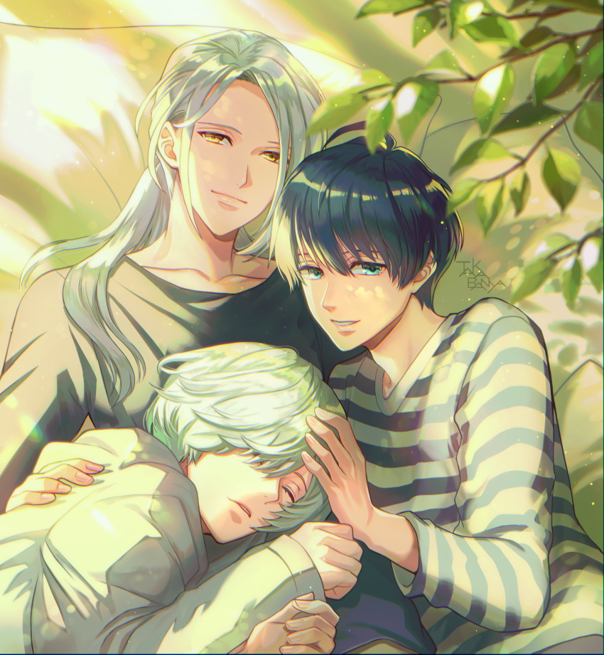 3boys, a3!, artist_name, black_hair, blue_eyes, grey_hair, hair_over_one_eye, hand_on_another's_back