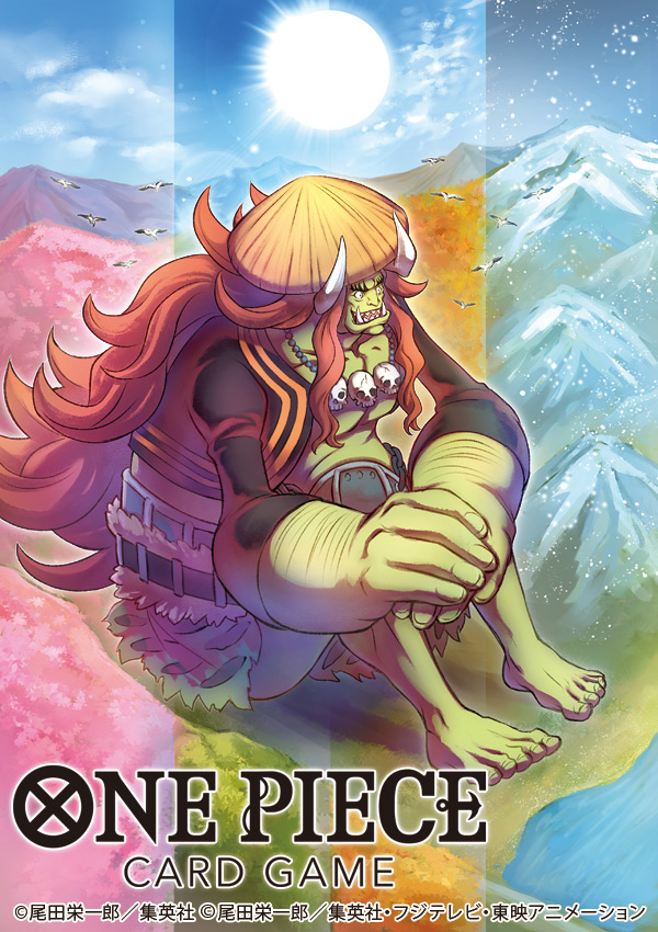 1boy, bird, colored_skin, commentary_request, copyright_name, giant, green_skin, hat, horns, jacket, jewelry, little_oars_jr., long_hair, looking_ahead, male_focus, mountain, necklace, nekobayashi, official_art, one_piece, one_piece_card_game, orange_hair, sitting, skull_necklace, sky, solo, sun, tusks