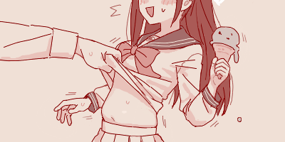 1boy, 1girl, airi_(blue_archive), belly, blue_archive, blush, clothes_lift, food, ice_cream, long_hair, lowres, maibotsumou, monochrome, muffin_top, navel, pleated_skirt, plump, school_uniform, serafuku, shirt_lift, simple_background, skirt, tegaki_draw_and_tweet