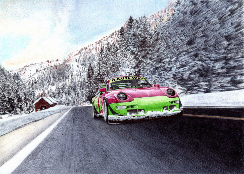 absurdres, ballpoint_pen_(medium), car, highres, house, motion_blur, motor_vehicle, no_humans