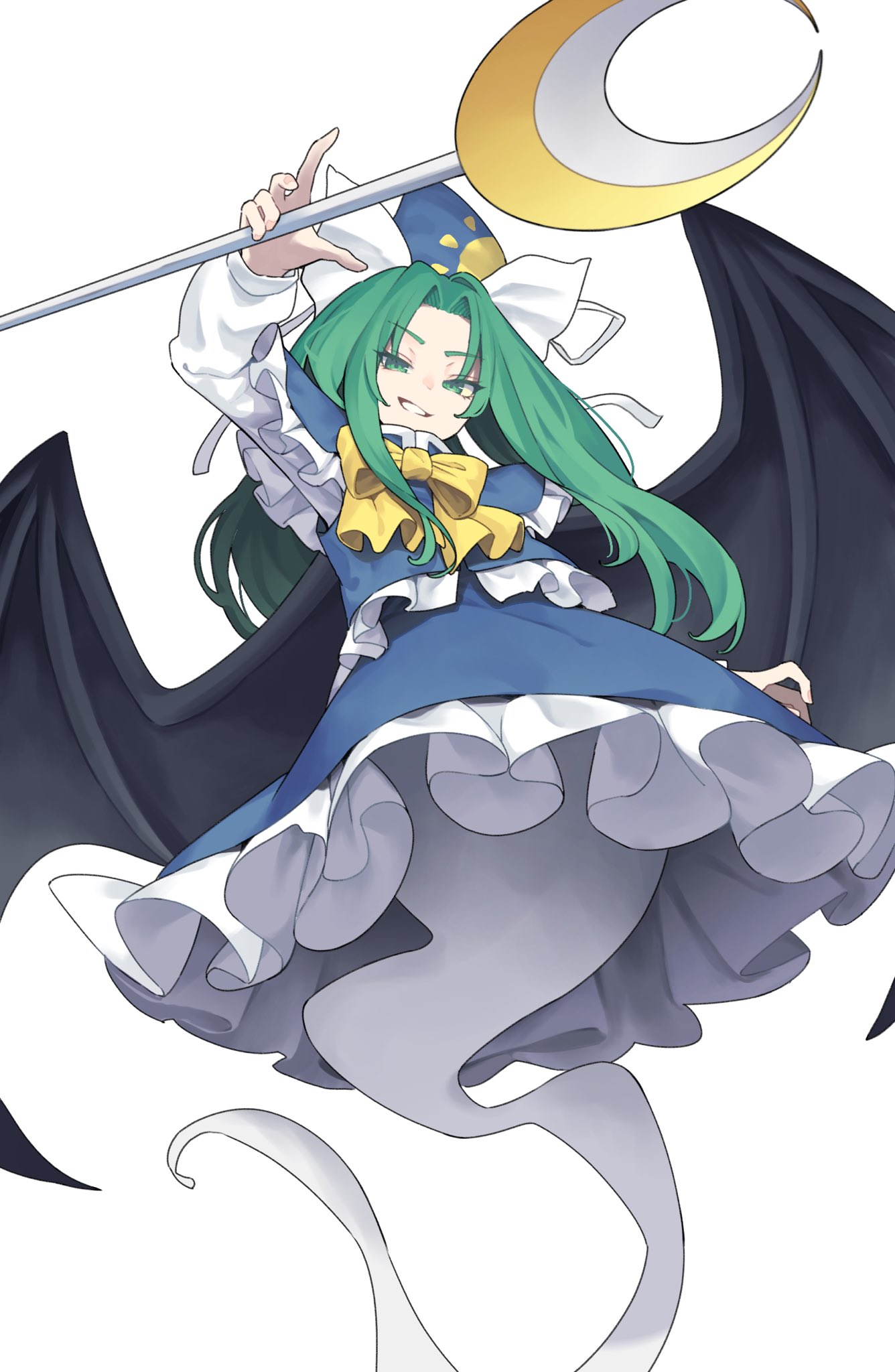 1girl, black_wings, blue_hat, blue_shirt, blue_skirt, bow, bowtie, commentary_request