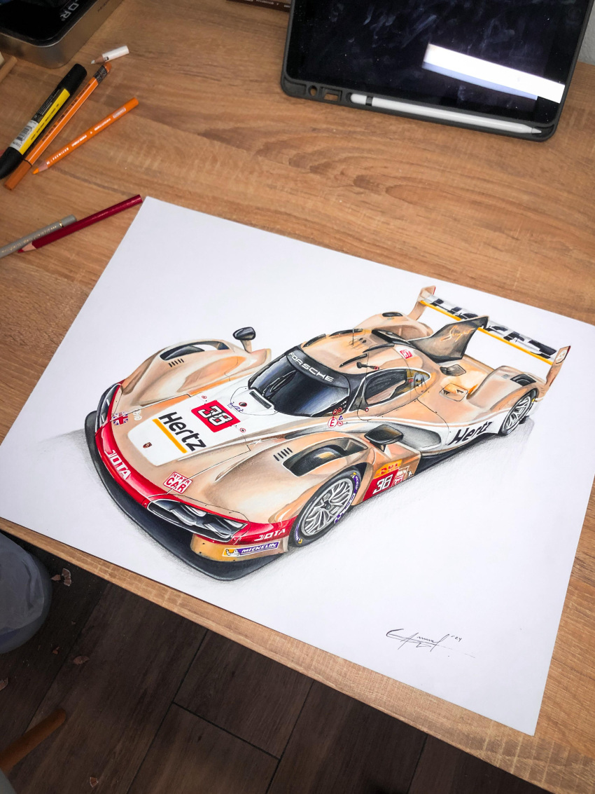absurdres, art_tools_in_frame, brown_car, car, colored_pencil, colored_pencil_(medium), english_commentary, goabascal