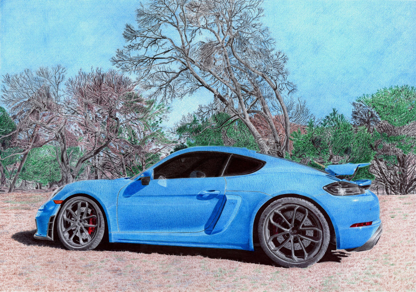 ballpoint_pen_(medium), blue_car, car, english_commentary, from_side, highres, motor_vehicle, no_humans