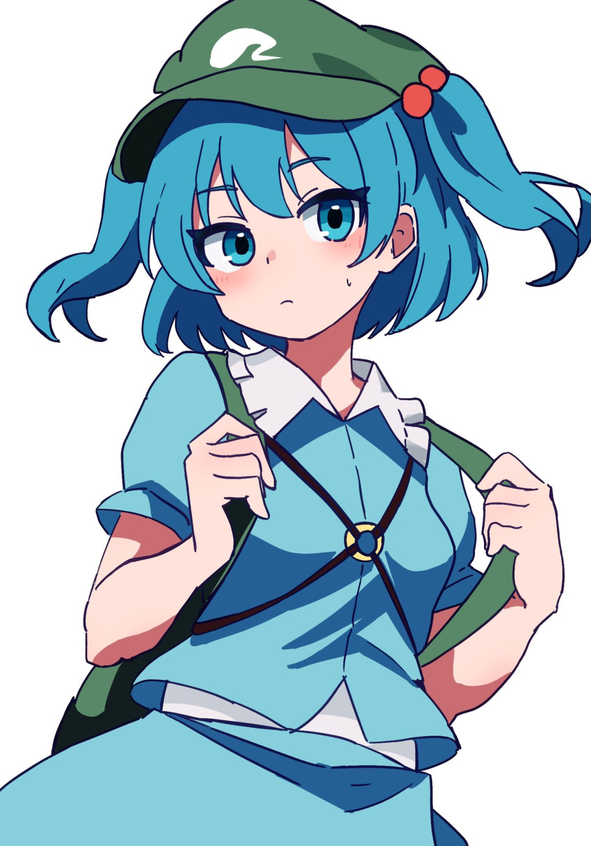 1girl, backpack, bag, blue_eyes, blue_hair, blue_jacket, blue_skirt, closed_mouth, commentary_request, expressionless, green_bag, green_hat, hair_bobbles, hair_ornament, hat, highres, jacket, kawashiro_nitori, kv-san, medium_hair, puffy_short_sleeves, puffy_sleeves, short-sleeved_jacket, short_sleeves, skirt, skirt_set, smile, sweatdrop, touhou, twintails, two_side_up, upper_body, white_background