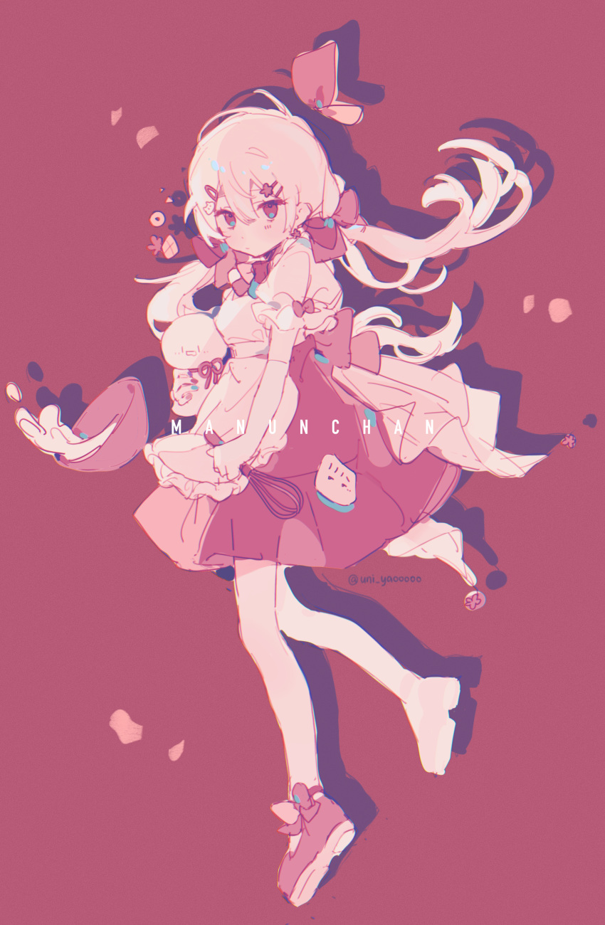 1girl, absurdres, apron, back_bow, bare_arms, bare_legs, belt, blonde_hair