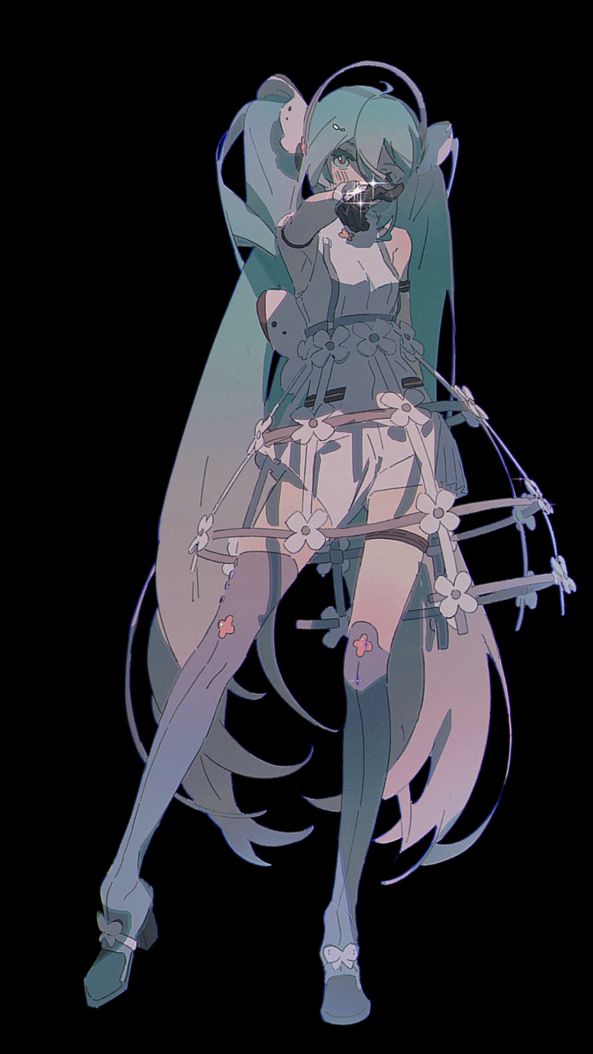1girl, absurdres, aqua_hair, asymmetrical_legwear, bare_shoulders, black_background, black_gloves, blue_eyes, blue_footwear, blue_socks, blue_thighhighs, chinese_commentary, commentary_request, covered_mouth, detached_sleeves, ensoleillee, flower, full_body, gloves, gradient_hair, hair_ornament, hatsune_miku, high_heels, highres, light_blush, long_hair, long_sleeves, looking_at_viewer, medium_skirt, multicolored_hair, outstretched_arm, over-kneehighs, simple_background, single_over-kneehigh, single_thighhigh, skirt, socks, solo, sparkle, standing, thigh-highs, very_long_hair, vocaloid, white_flower, white_hair, white_headphones, white_romper, white_sleeves