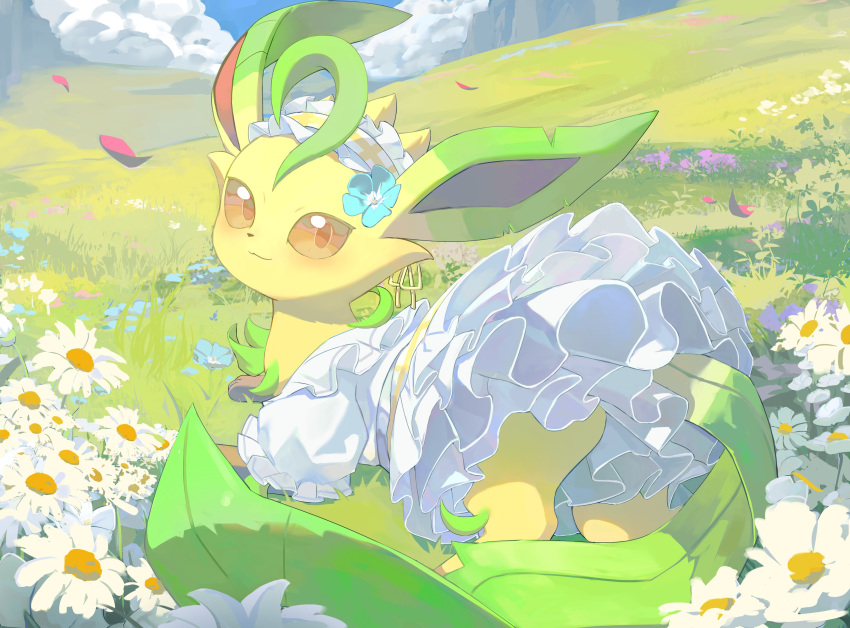 absurdres, blue_flower, brown_eyes, clothed_pokemon, day, dress, flong, flower