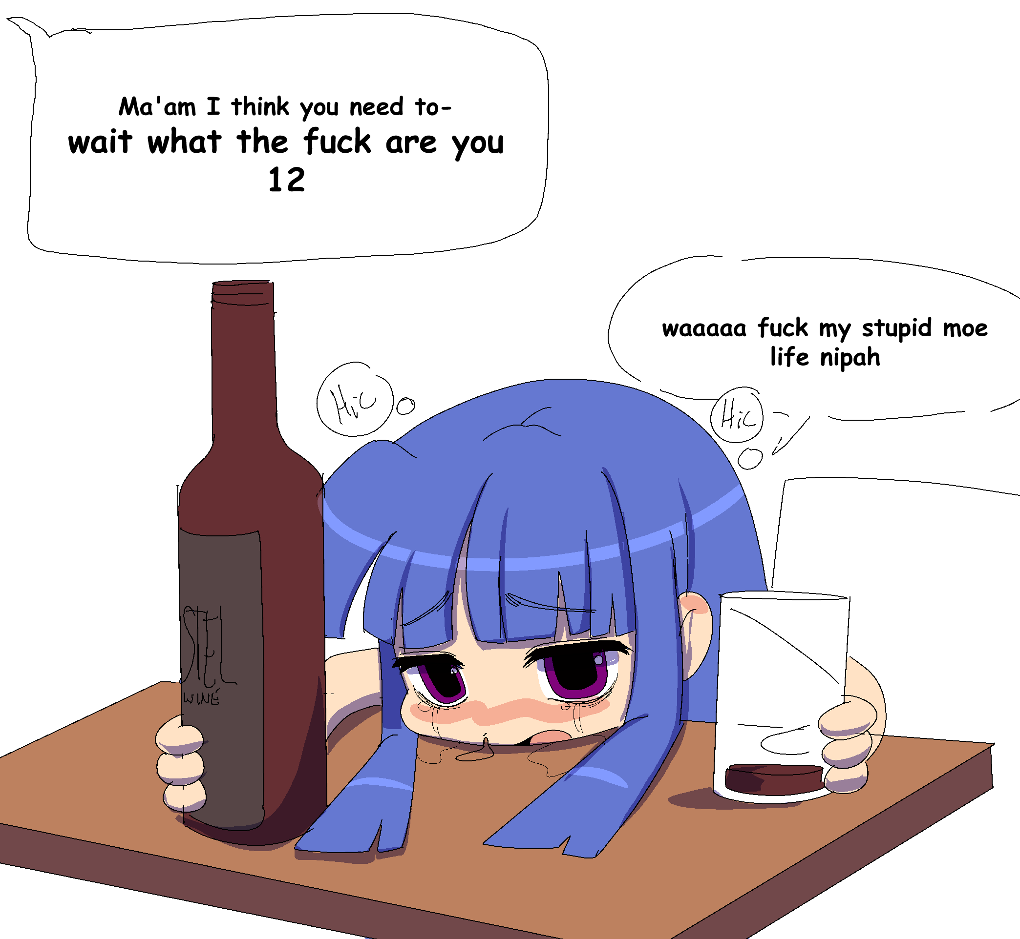 1girl, alcohol, beer, blue_hair, blunt_bangs, bottle, crying, crying_with_eyes_open, cup, english_text, evilfrap, furude_rika, hair_behind_ear, highres, higurashi_no_naku_koro_ni, holding, holding_bottle, holding_cup, looking_down, nipa~, open_mouth, raised_inner_eyebrows, sidelocks, solo, speech_bubble, tears, violet_eyes