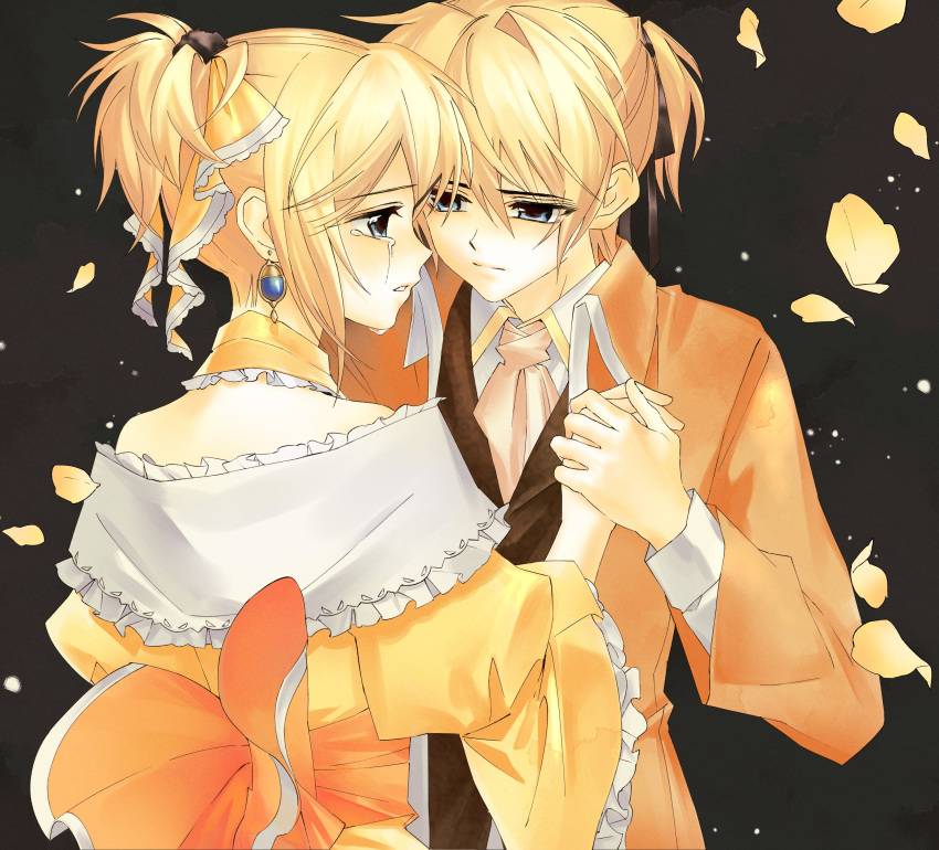 1boy, 1girl, absurdres, aku_no_meshitsukai_(vocaloid), aku_no_musume_(vocaloid), allen_avadonia, ascot, black_background