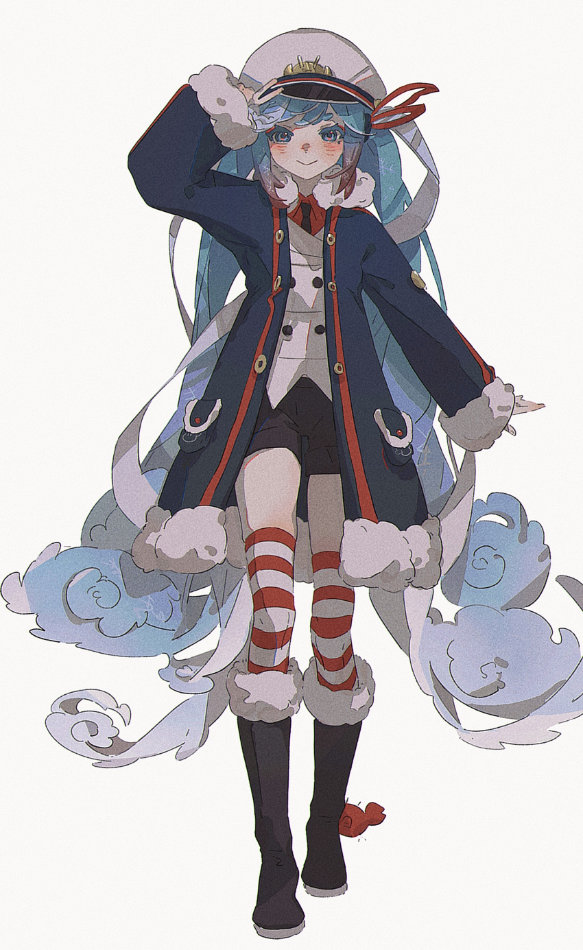 1girl, absurdres, black_footwear, black_necktie, black_shorts, blue_coat, blue_eyes, blue_hair