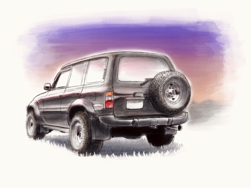 black_car, car, from_behind, grass, highres, k.tofu, motor_vehicle, no_humans