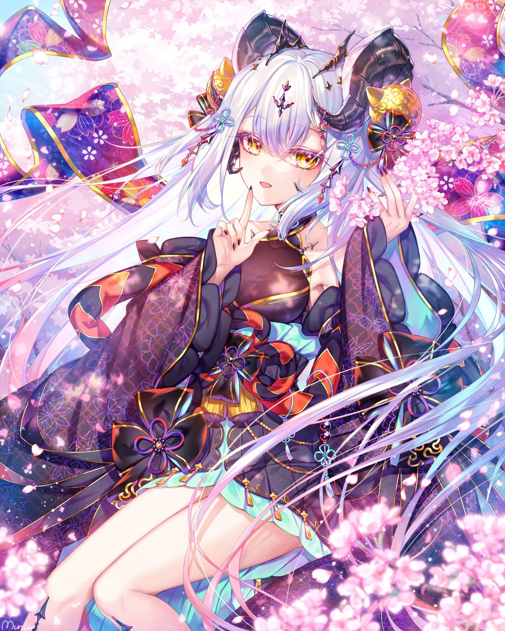 1girl, :d, bare_shoulders, black_horns, black_kimono, blush, cherry_blossoms, commission