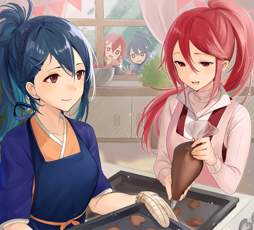 4girls, alternate_hairstyle, apron, blue_apron, blue_hair, blue_scarf, braid, brown_eyes, candy, chocolate, commentary_request, cooking, cordelia_(fire_emblem), crown_braid, curtains, fire_emblem, fire_emblem_awakening, fire_emblem_fates, food, hair_between_eyes, hair_bun, hair_ornament, hairclip, haru_(nakajou-28), heart, heart-shaped_chocolate, highres, indoors, kana_(female)_(fire_emblem), kana_(fire_emblem), long_hair, long_sleeves, looking_at_another, morgan_(female)_(fire_emblem), morgan_(fire_emblem), mother_and_daughter, multiple_girls, oboro_(fire_emblem), oven_mitts, pink_apron, plaid_oven_mitts, pointy_ears, red_eyes, redhead, ribbed_sweater, scarf, short_hair, single_hair_bun, smile, sweater, turtleneck, turtleneck_sweater, white_sweater, window