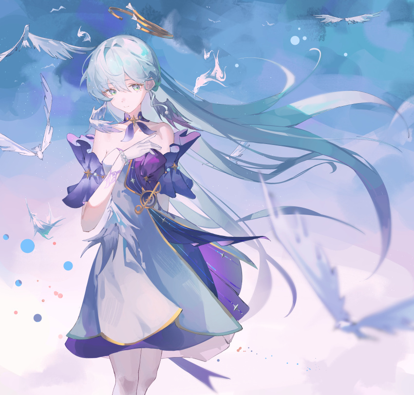 1girl, absurdres, aqua_eyes, arms_behind_back, bare_shoulders, bead_bracelet, beads, bird