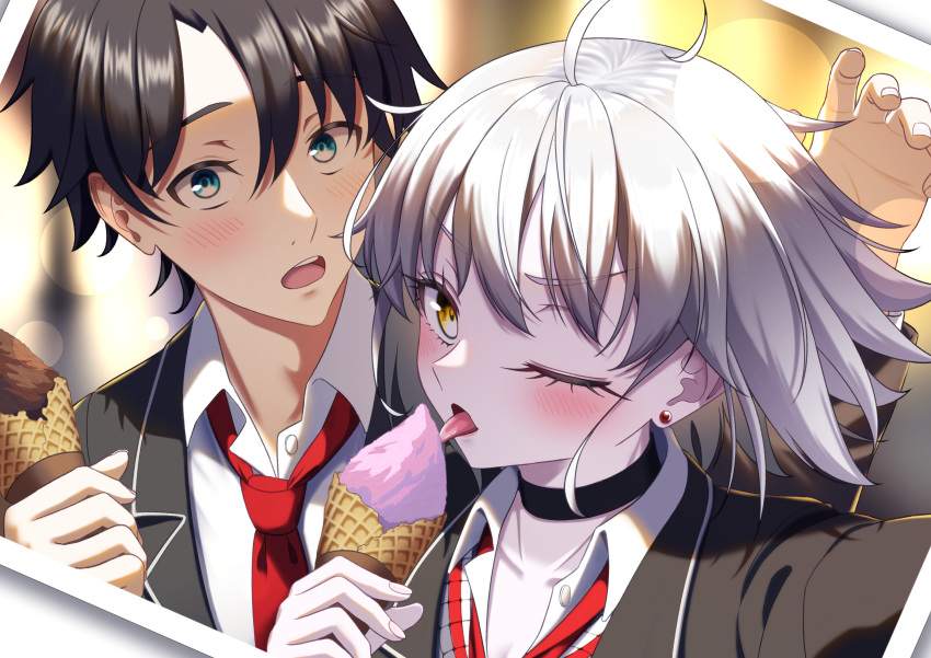 1boy, 1girl, absurdres, ahoge, aonoirasuto, black_choker, black_hair, black_jacket