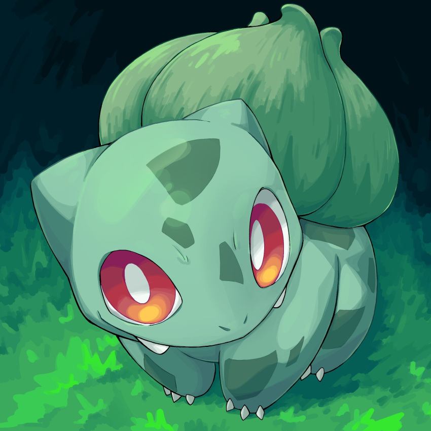 bright_pupils, bulbasaur, colored_skin, grass, green_skin, highres, looking_at_viewer, no_humans, pokemon, pokemon_(creature), red_eyes, sharpski, solo, white_pupils