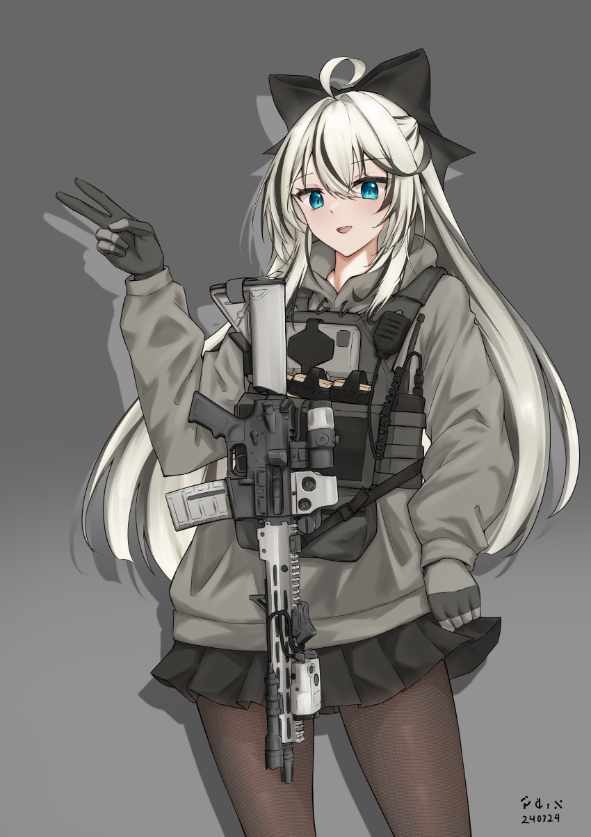 1girl, :d, absurdres, ahoge, black_bow, black_hair, black_skirt, blue_eyes