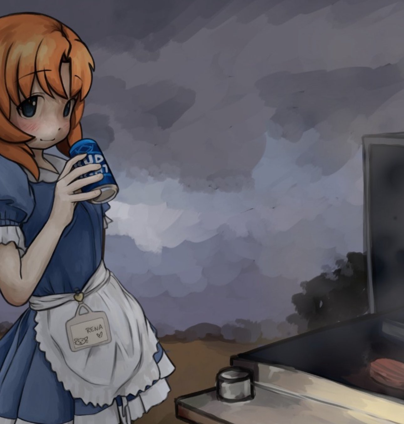 1girl, alcohol, apron, beer, beer_can, blue_eyes, blush, bud_light, can, clouds, cloudy_sky, commentary, dress, drink, drink_can, english_commentary, grill, highres, higurashi_no_naku_koro_ni, holding, holding_can, looking_at_viewer, medium_hair, name_tag, orange_hair, outdoors, ryuuguu_rena, short_sleeves, sky, smile, solo, waist_apron, waitress, zoolpal