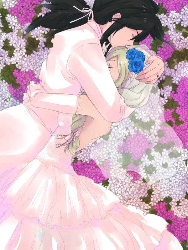 1girl, bianca, blonde_hair, braid, bridal_veil, bride, closed_eyes, couple