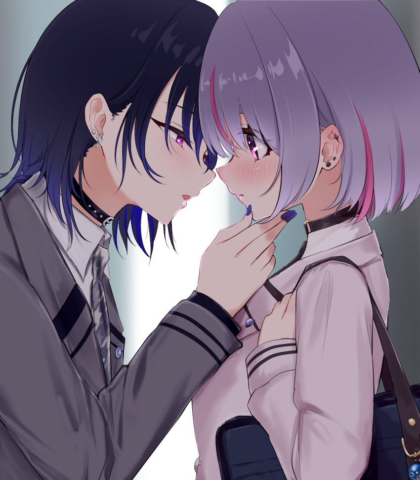 2girls, :o, black_choker, black_hair, blue_hair, blue_nails, blush, bob_cut