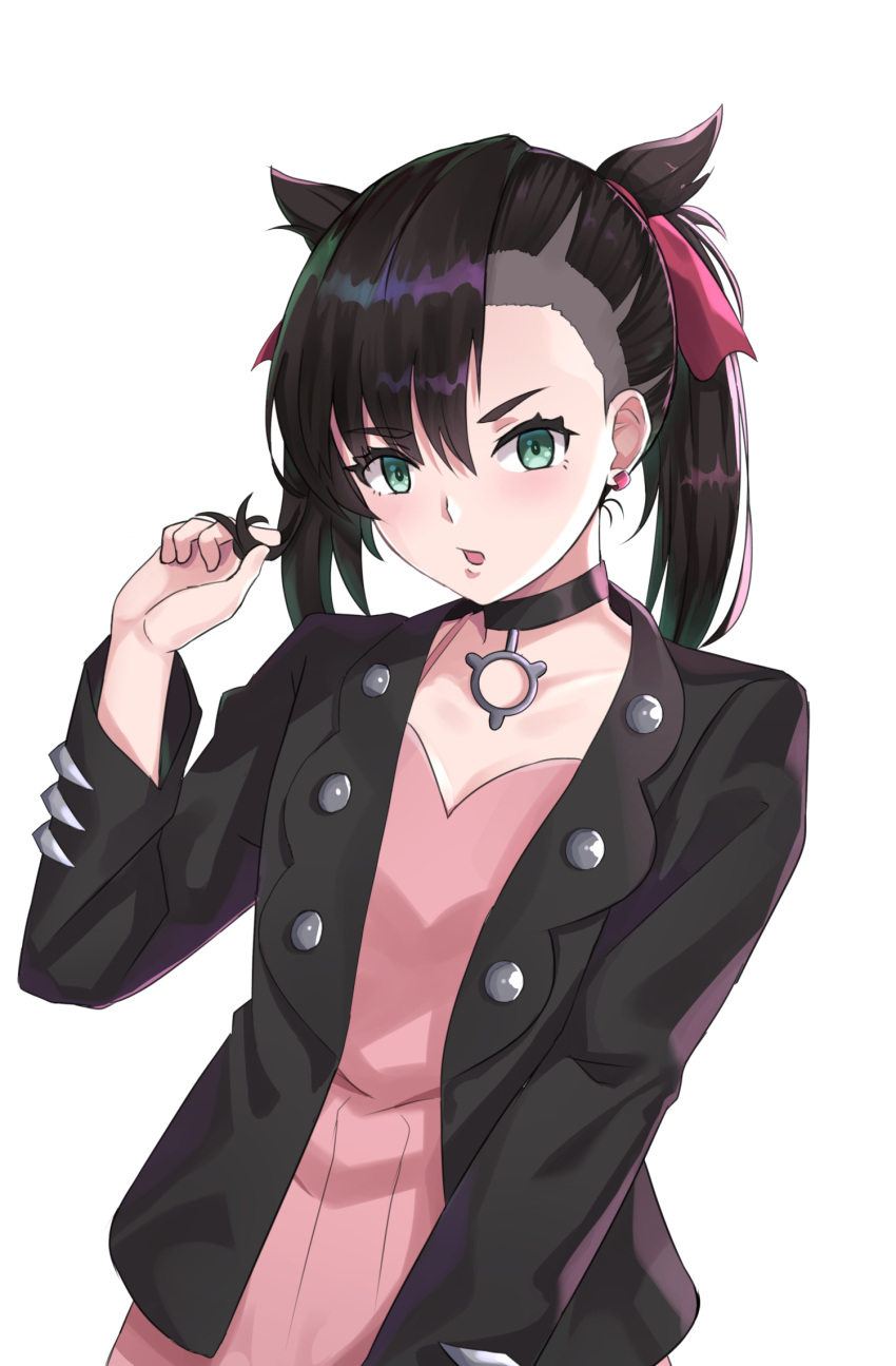 1girl, asymmetrical_bangs, asymmetrical_hair, black_choker, black_hair, black_jacket, breasts, chantu_irasu