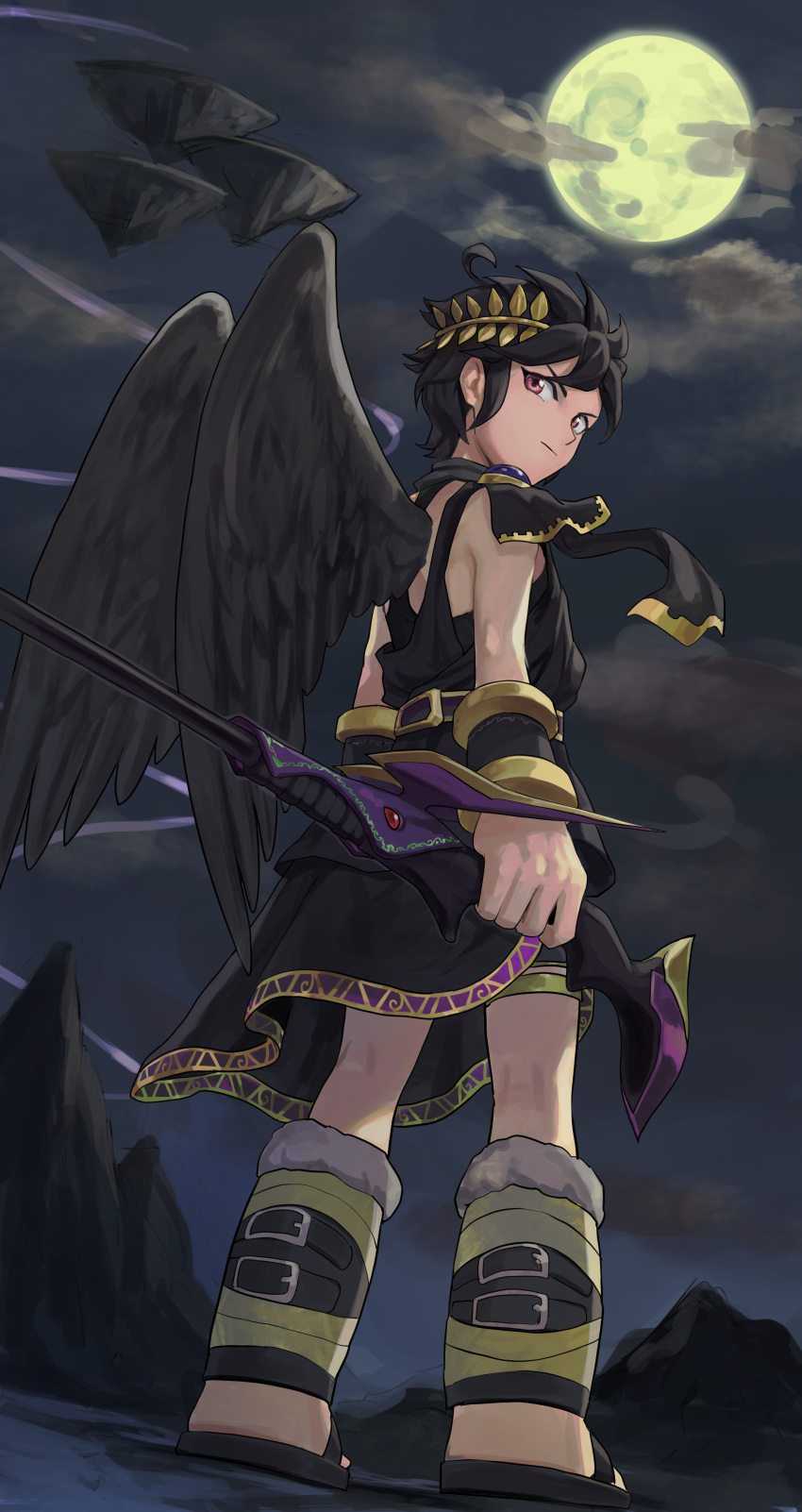 1boy, absurdres, ahoge, angel, angel_wings, black_hair, black_wings, dark_pit, dutch_angle, full_body, highres, kid_icarus, kid_icarus_uprising, laurel_crown, looking_at_viewer, looking_back, male_focus, moon, mountain, night, night_sky, red_eyes, sky, standing, suru_(seiya), vambraces, wings