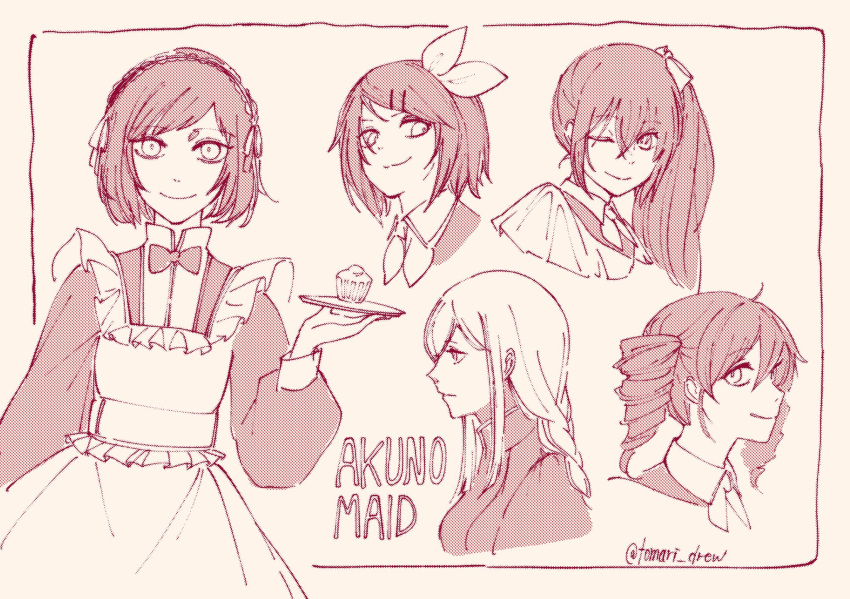 1boy, 4girls, :3, akita_neru, apron, arte_(evillious_nendaiki), ascot, behemo