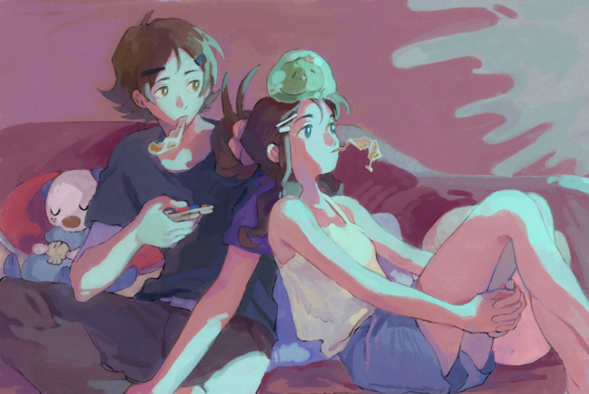 1boy, 1girl, black_shirt, blue_eyes, brown_eyes, brown_hair, controller, couch