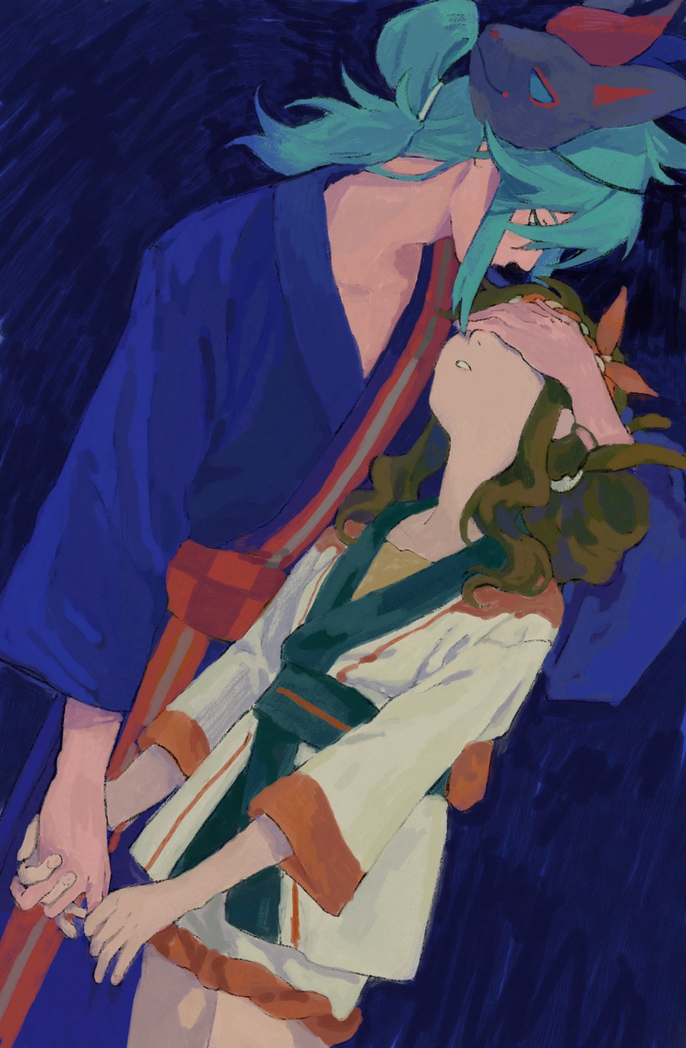 1boy, brown_hair, covering_another's_eyes, dutch_angle, falu_(faluyelang), green_hair, highres, hilda_(pokemon)