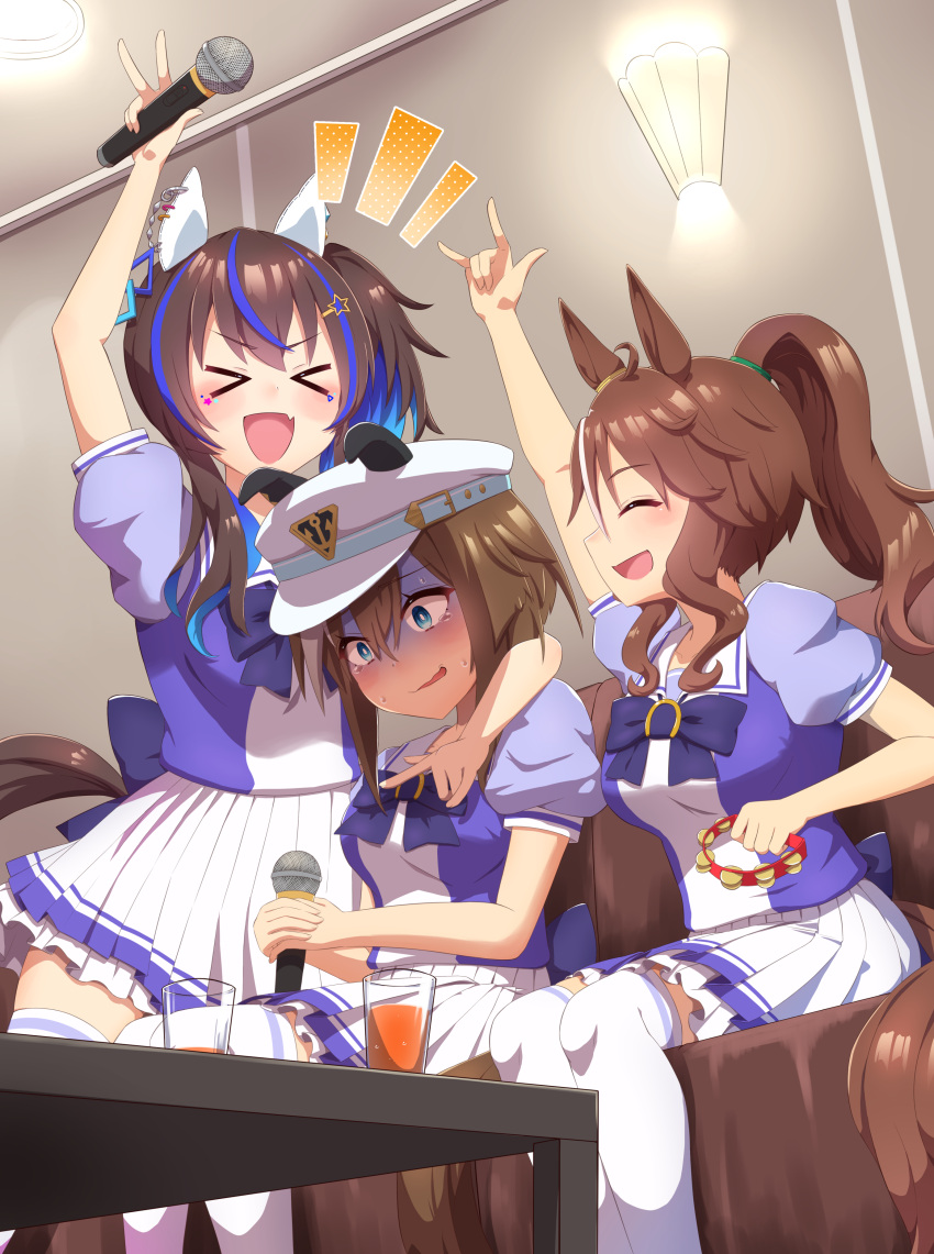>_<, 3girls, \m/, absurdres, animal_ears, arm_around_shoulder, arm_up, back_bow