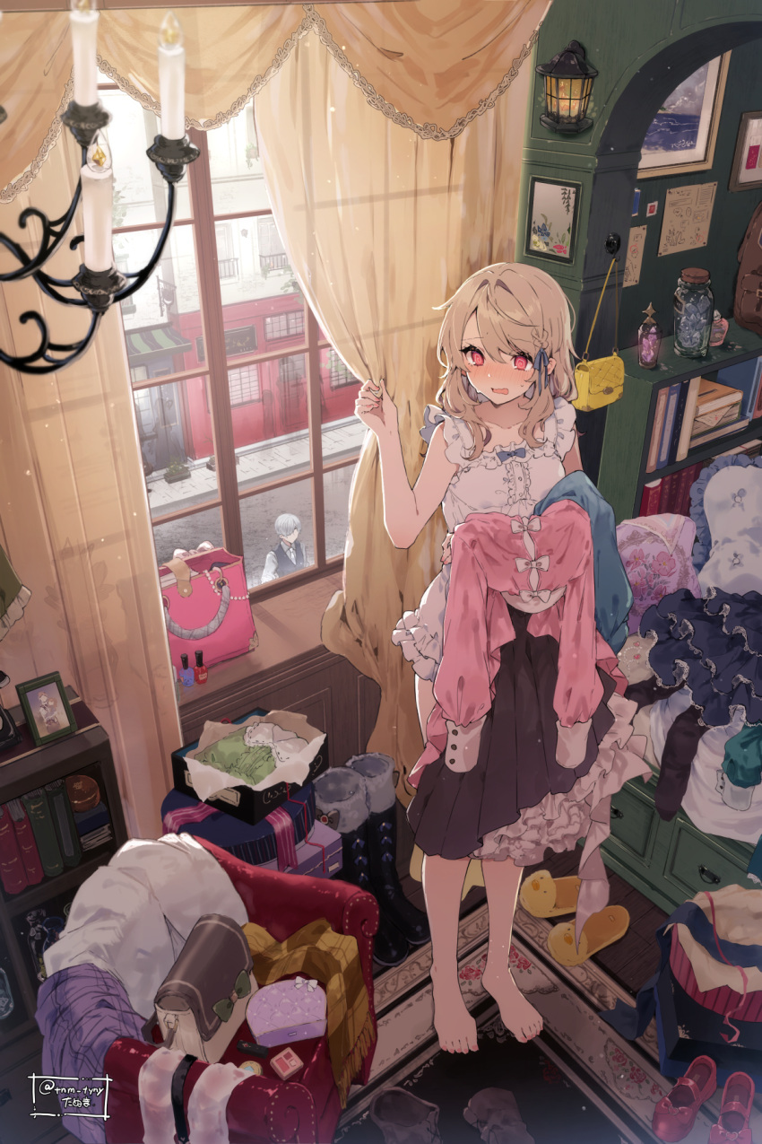 1boy, 1girl, animal_slippers, armchair, bag, bare_legs, barefoot, book