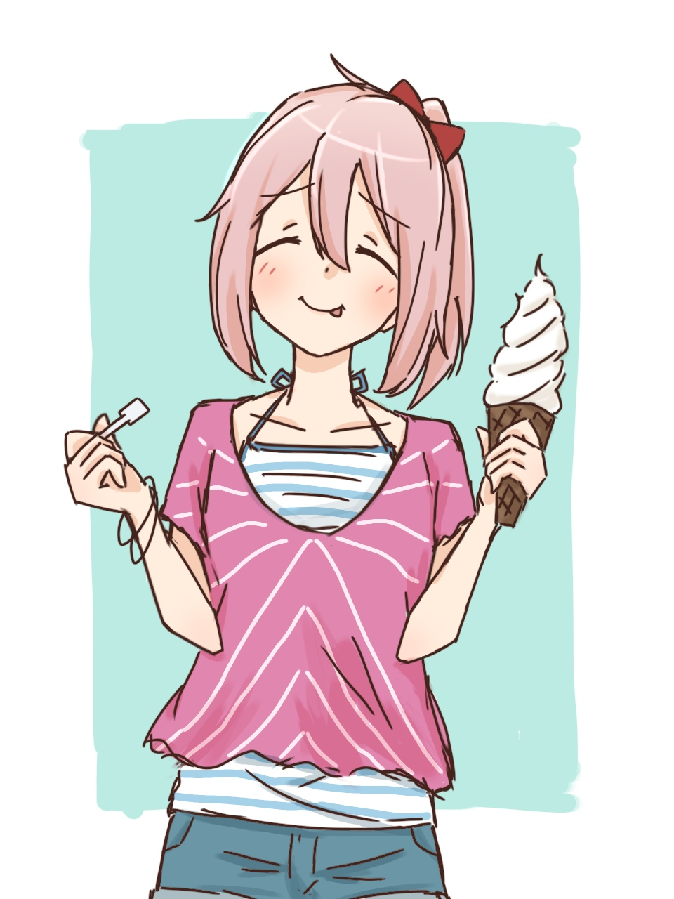 1girl, aqua_t-shirt, food, ice_cream, kagamihara_nadeshiko, long_hair, pink_hair, pink_t-shirt